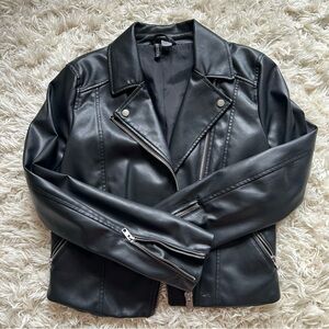 H&M Black Faux Leather Moto Jacket with Zip Details